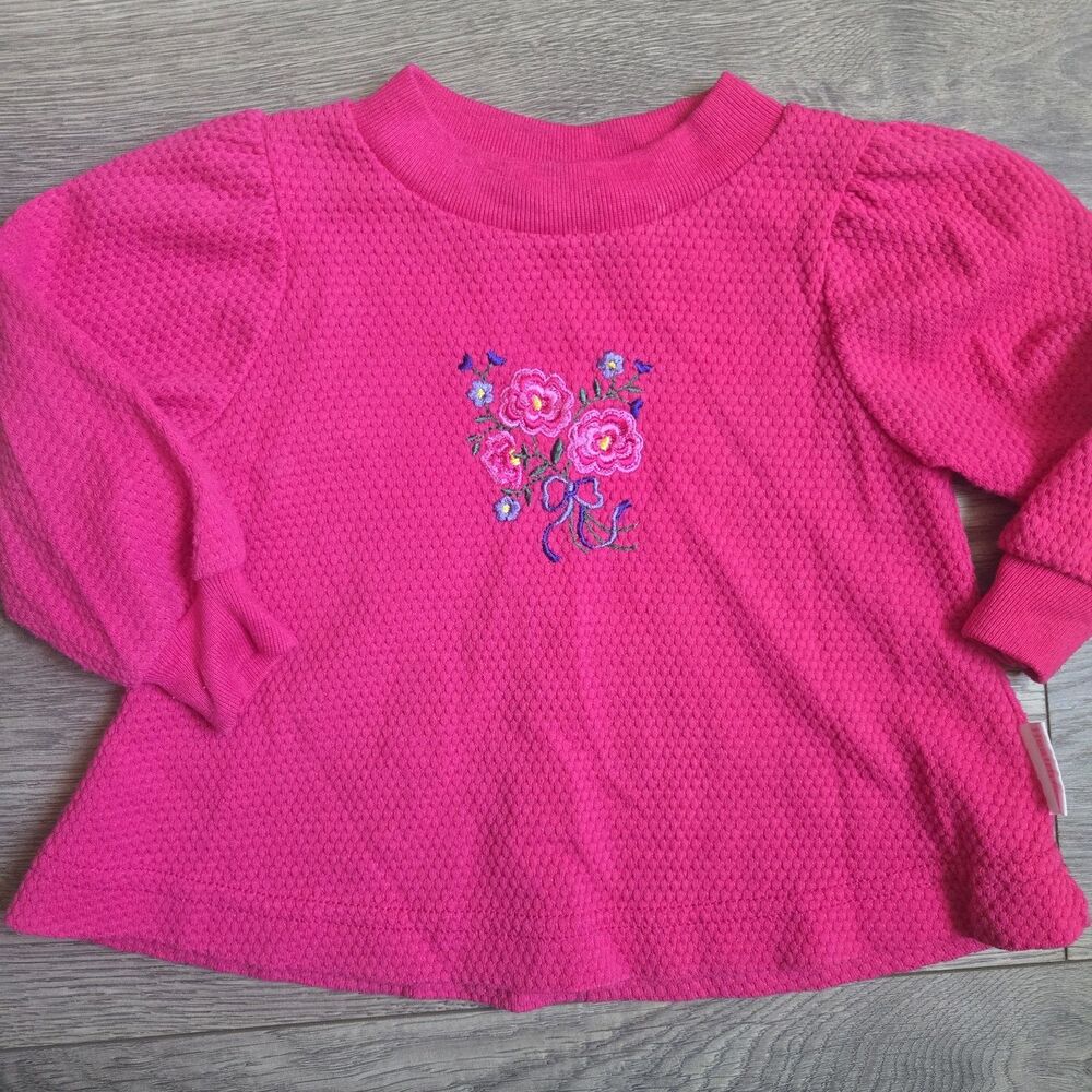 Vintage Healthtex 12 Mo Hot Pink Floral Embroidered Sweatshirt Puff Sleeve 90s
